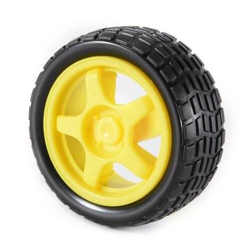 1 Piece Tt Motor Rubber Tires Dia 68mm Width 26mm Geared Tyre For DIY Rc Cars Wheels Model Robot Tire Plastic Wheel Rim Hub - a single wheel with a bright yellow five-spoke plastic rim and a black rubber tire with a textured tread pattern.