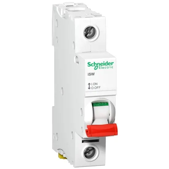1 Pol 100A Schneider DC Breaker DC MCB IC60N - a white, single-pole electrical switch with a red toggle lever and two screw terminals, labeled with "iSW" and "Schneider".