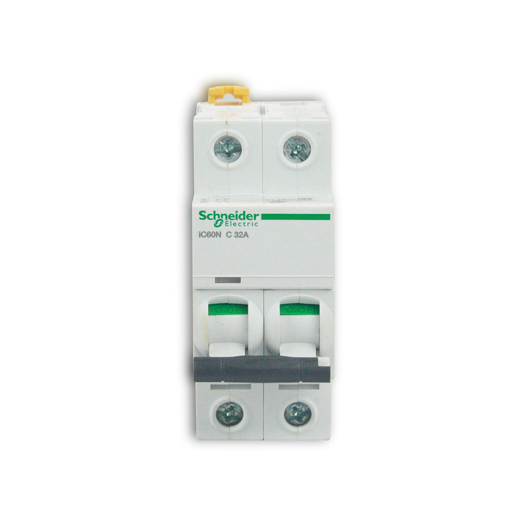 1 Pol 32A Schneider DC Breaker DC MCB IC60N - a white, two-pole miniature circuit breaker with a black toggle switch and top and bottom screw terminals.