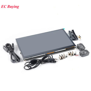 10.1" 10.1 Inch HDMI LCD Display Module Capacitive Touch Screen 1024x600 IPS HD Full Viewing Angle With Raspberry Pi B 3b+/4b - set of cables, two small speakers, and several small metal connectors laid out on white.