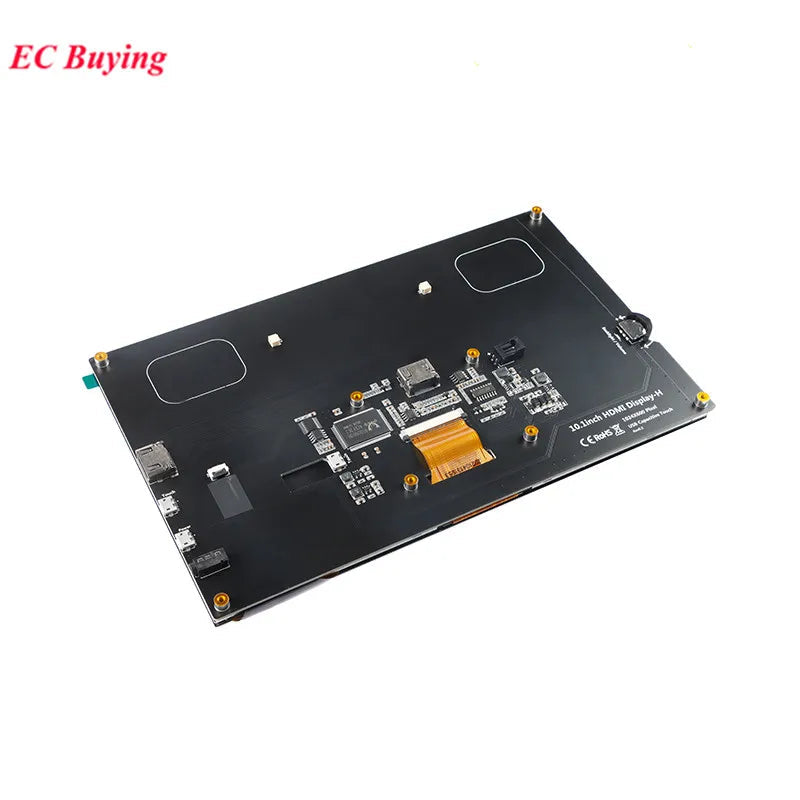 10.1" 10.1 Inch HDMI LCD Display Module Capacitive Touch Screen 1024x600 IPS HD Full Viewing Angle With Raspberry Pi B 3b+/4b - the black rear circuit board with visible HDMI, USB, and power ports, and printed specifications.