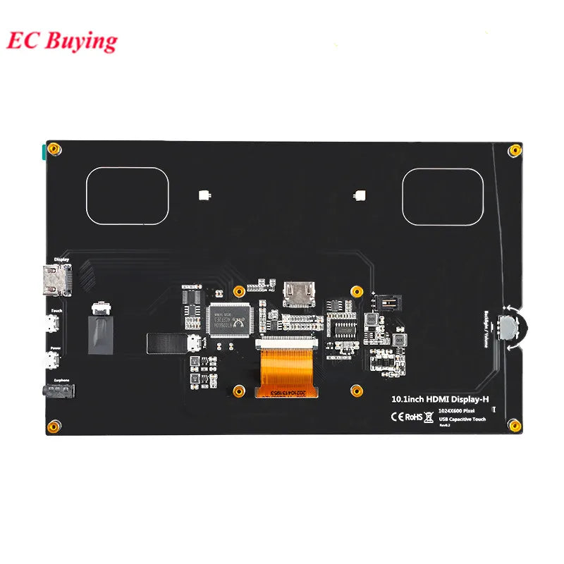 10.1" 10.1 Inch HDMI LCD Display Module Capacitive Touch Screen 1024x600 IPS HD Full Viewing Angle With Raspberry Pi B 3b+/4b - shown from the back, featuring a black circuit board with HDMI, USB, and audio ports, and a central orange ribbon cable.