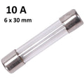 10 Amp 6x30mm 250VAC Glass Fuse - a clear cylindrical glass fuse with metal end caps, shown against a white background with text indicating its rating.