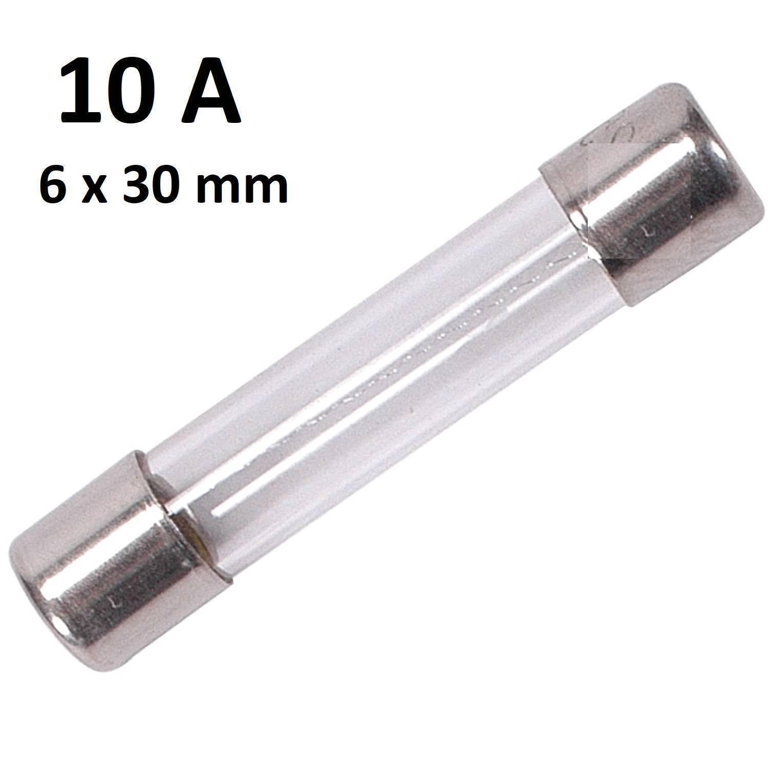 10 Amp 6x30mm 250VAC Glass Fuse - a clear cylindrical glass fuse with metal end caps, shown against a white background with text indicating its rating.
