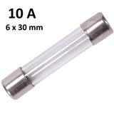 10 Amp 6x30mm 250VAC Glass Fuse - a clear cylindrical glass fuse with metal end caps, shown against a white background with text indicating its rating.