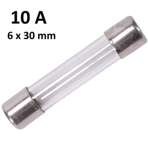 10 Amp 6x30mm 250VAC Glass Fuse - a clear cylindrical glass fuse with metal end caps, shown against a white background with text indicating its rating.