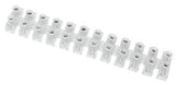 10 Amp Connector Strip, 12 Way PVC - a white plastic electrical terminal block strip featuring twelve pairs of screw-down wire connection points.