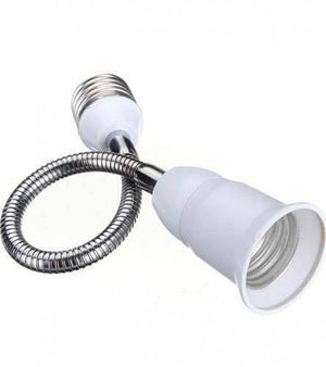 10 inch E27 Light Bulb Holder Flexible Extension Adapter Socket - a white screw-in base, a flexible silver metal neck, and a white socket head.