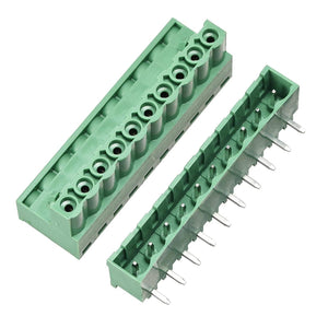 10 Pin Connector PCB Mount Right Angle Bent Screw Terminal - a green 10-pin female screw terminal block paired with a matching male header.
