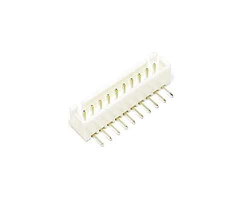 10 Pin JST Xh Male Right Angle Connector 2.54mm Pitch - shown as a white plastic housing with ten vertical metal pins bent at a right angle.
