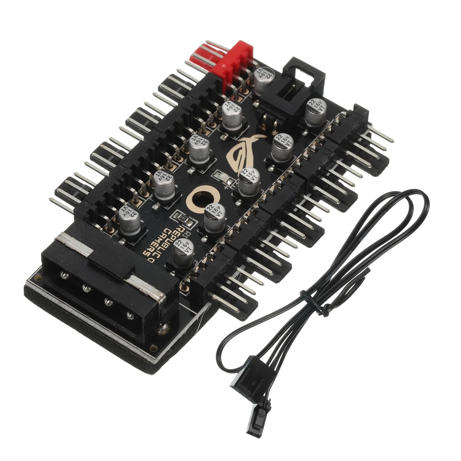 10-port 4-pin PWM Fan Hub Splitter Controller – Sata Powered Pc Cooling Expansion - with ten 4-pin headers, a SATA power connector, and an attached PWM signal cable.