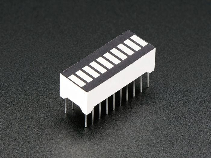 10 Segment LED Light Display Module Bar Graph Ultra Bright Red Yellow Green Colors Multi-color - with ten rectangular white segments on top and two rows of metal pins underneath.