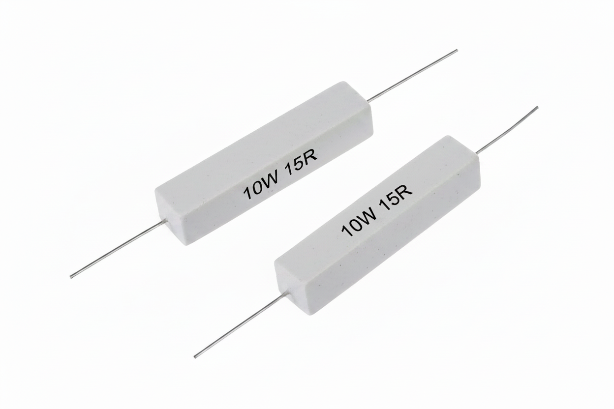 10 Watt 15 ohm Wirewound Ceramic Cement Resistor - two rectangular white ceramic resistors with metal leads, each labeled 10W 15R.