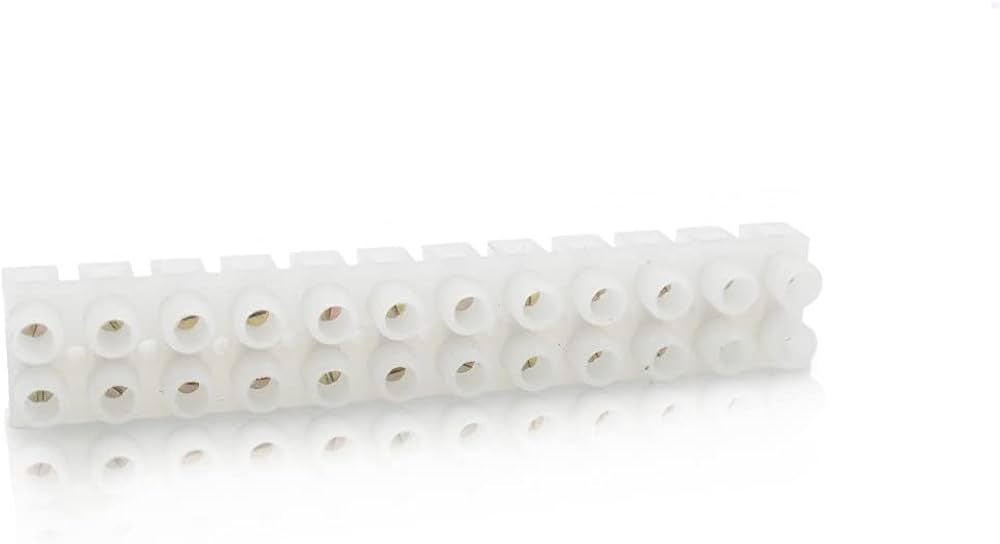 100 Amp 12 Way Wire Terminal PVC Connector Strip - a white, rectangular plastic electrical block featuring two parallel rows of twelve metal screw terminals.