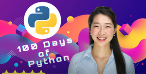 100 Days of Code: The Complete Python Pro Bootcamp Created by Dr. Angela Yu - Read the Descriptiton - a smiling woman next to a graphic with the Python logo and the text 100 Days of Python.