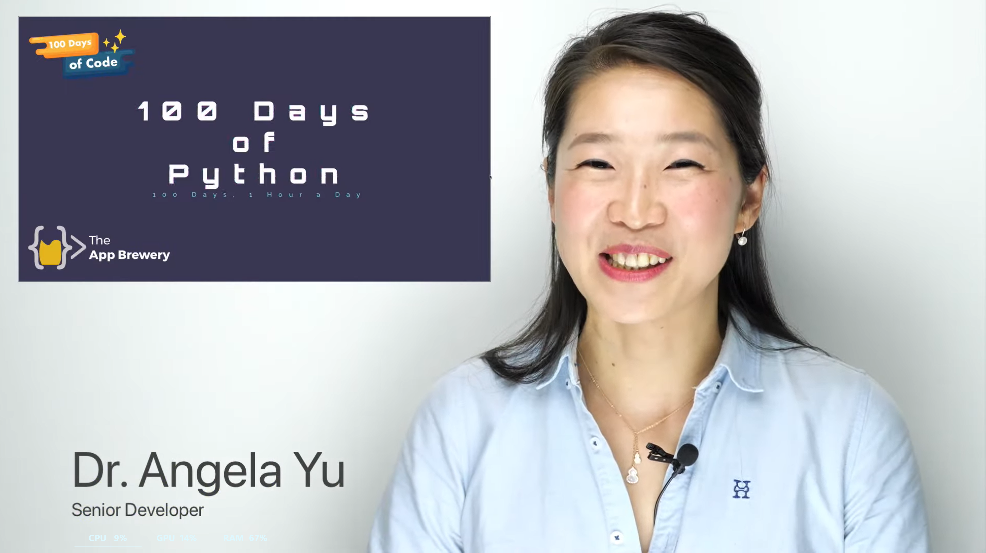 100 Days of Code: The Complete Python Pro Bootcamp Created by Dr. Angela Yu - Read the Descriptiton - next to a dark blue graphic featuring the title and The App Brewery logo.