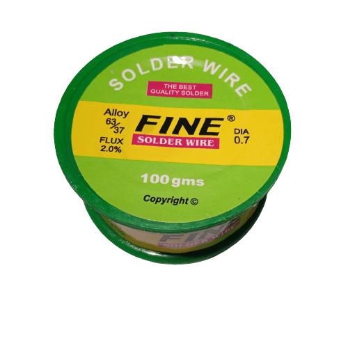 100 Grams Soldering Wire - round green and yellow plastic spool with labels reading Fine Solder Wire, 63/37 alloy, 2.0% flux, and 0.7 diameter.