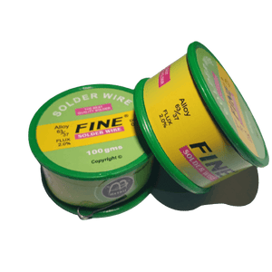 100 Grams Soldering Wire - shown as two cylindrical green and yellow spools labeled "FINE" with 63/37 alloy and 2.0% flux specifications.