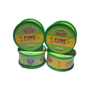 100 Grams Soldering Wire - shown as four green and yellow plastic spools stacked together, each labeled Fine Solder Wire with 63/37 alloy and 0.7 diameter.