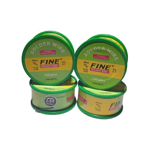 100 Grams Soldering Wire - shown as four green and yellow plastic spools stacked together, each labeled Fine Solder Wire with 63/37 alloy and 0.7 diameter.