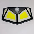 100 LED 4 Surface Solar Light 3 Modes 120 Degree PIR Motion Sensor Light - a black, angular solar wall light with two yellow LED panels and a sensor.