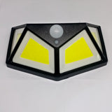 100 LED 4 Surface Solar Light 3 Modes 120 Degree PIR Motion Sensor Light - a black, angular solar wall light with two yellow LED panels and a sensor.