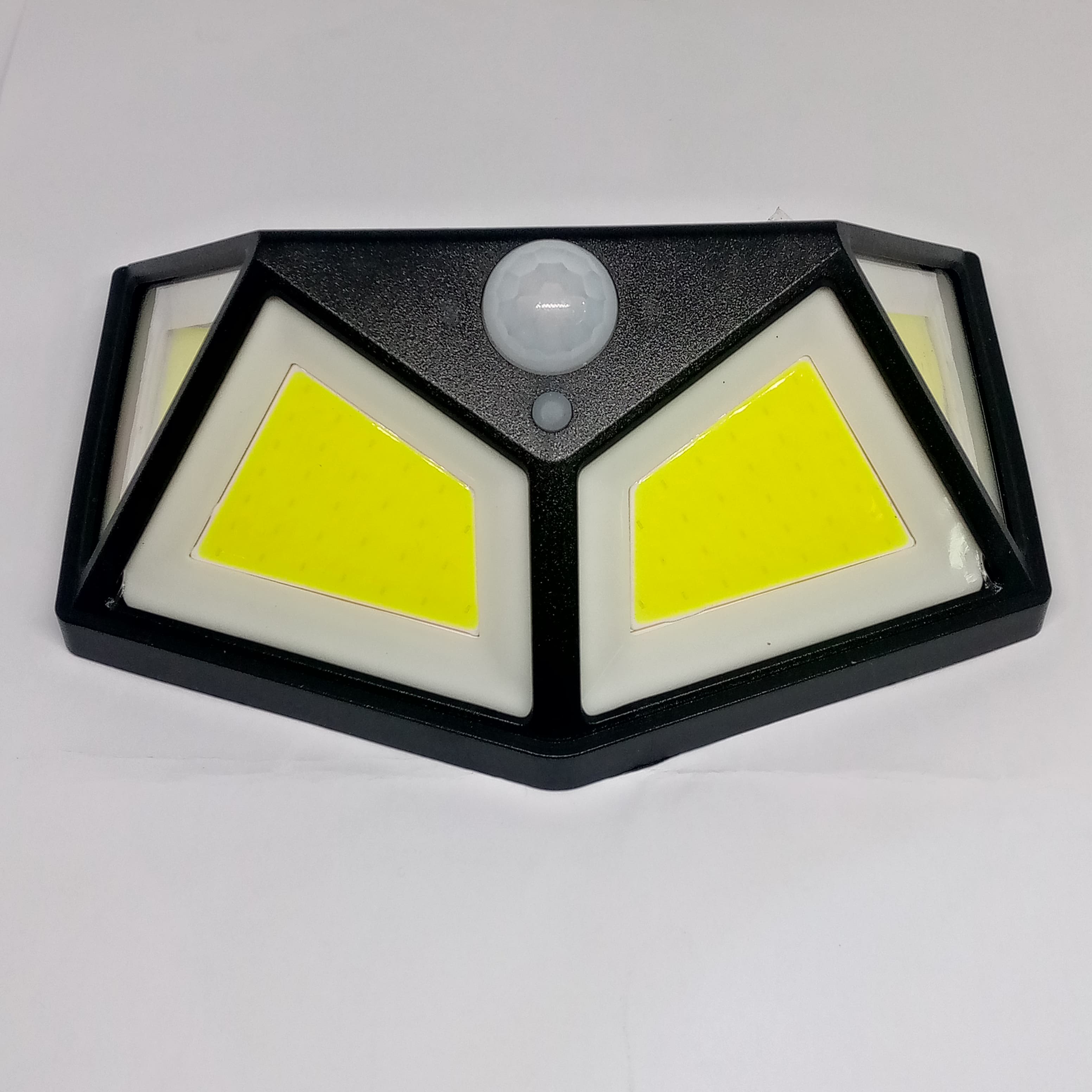 100 LED 4 Surface Solar Light 3 Modes 120 Degree PIR Motion Sensor Light - a black, angular solar wall light with two yellow LED panels and a sensor.