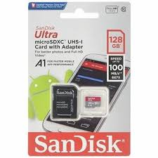 100% Original 128GB Sandisk Ultra Uhs-i Microsdxc Memory Card - 100MB/S - an SD adapter and a graphic of a smartphone displaying a progress bar.