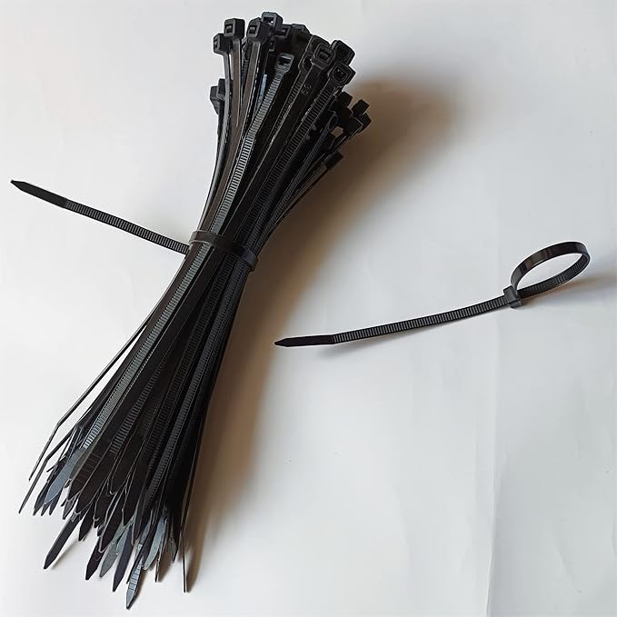 100 Pcs Black Color 6 Inch Cable Tie Zip Ties - shown as a large bundled stack of black plastic ties with one single tie looped and fastened.