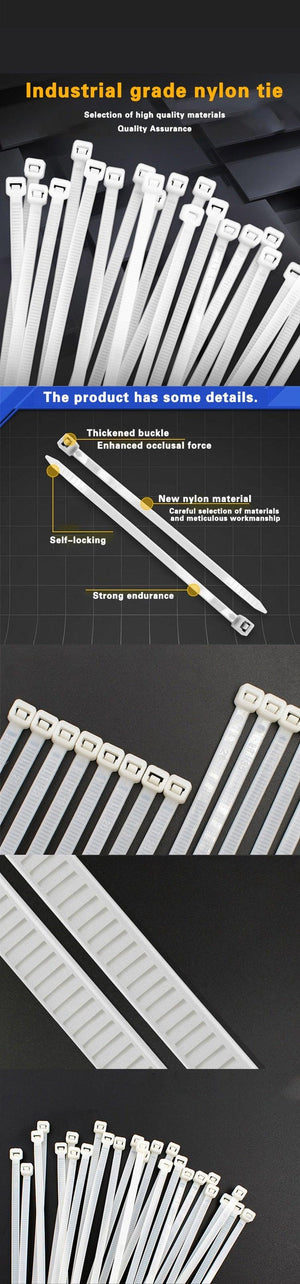 100 Pcs Nylon 200mm Cable Tie - shown in a series of close-up images displaying the white plastic straps, their self-locking buckles, and serrated edges.