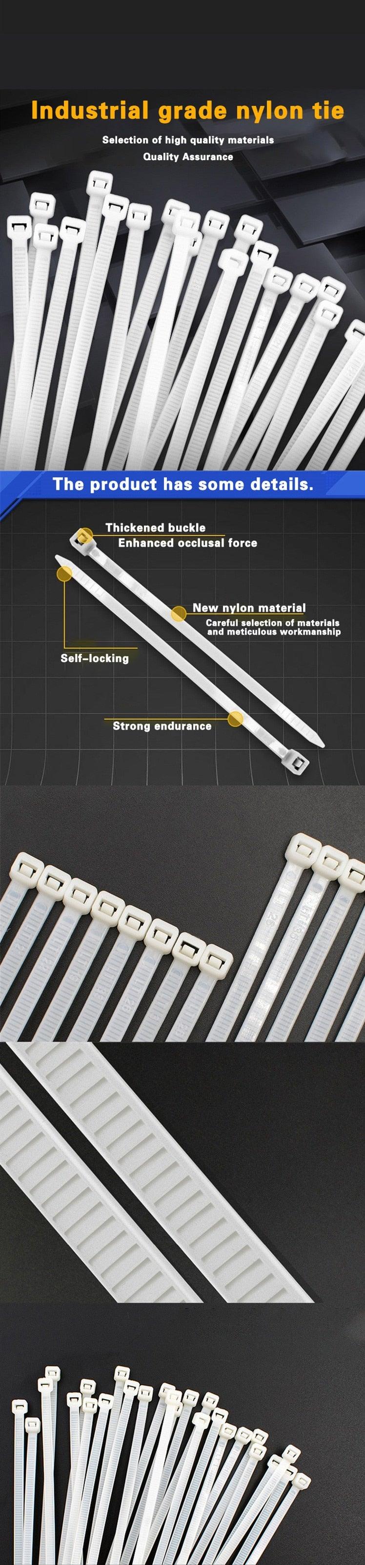 100 Pcs Nylon 200mm Cable Tie - shown in a series of close-up images displaying the white plastic straps, their self-locking buckles, and serrated edges.