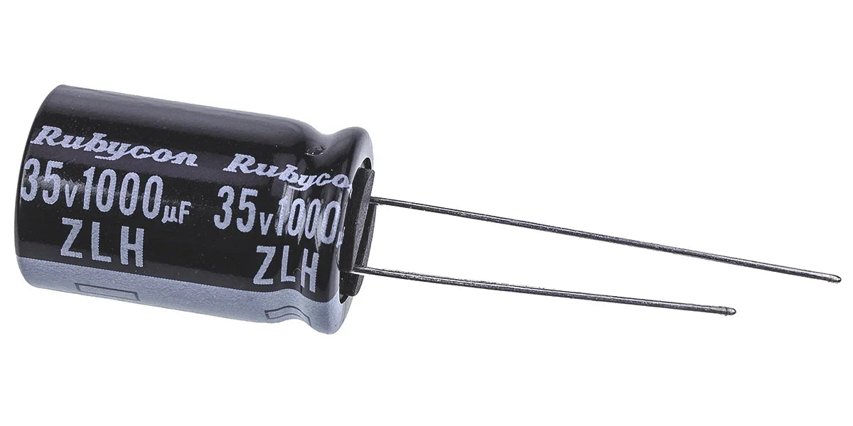 1000μF Electrolytic Capacitor 35V DC, Through Hole - a black cylindrical capacitor with two metal leads and white text reading Rubycon 35V 1000μF ZLH.