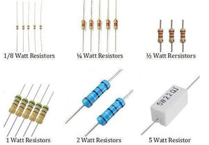 1000 Pcs Of 1/4 Watt, Quarter Watt ,0.25W 5% Resistor - shown in a comparative display of various axial-lead resistors ranging from 1/8 watt to 5 watt power ratings.