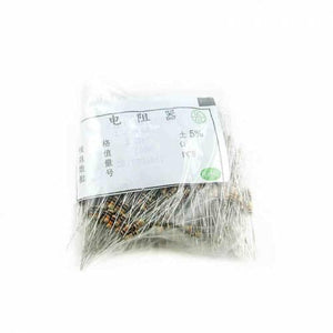 1000 Pcs Of 1/4 Watt, Quarter Watt ,0.25W 5% Resistor - shown in a clear plastic bag with a white label containing Chinese text and technical specifications.