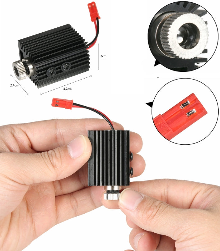 1000mW High Power Violet Light Laser heatsink - a black finned module with a silver lens, red connector, and dimension labels in a hand.