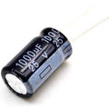 1000uF 25V Capacitor - a black cylindrical electrolytic capacitor with two wire leads, showing the 1000uF and 25V specifications printed on its side.