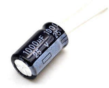 1000uF 25V Capacitor - a black cylindrical electrolytic capacitor with two wire leads, showing the 1000uF and 25V specifications printed on its side.