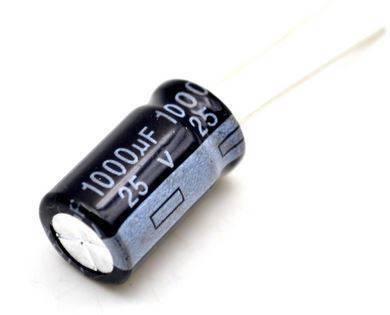 1000uF 25V Capacitor - a black cylindrical electrolytic capacitor with two wire leads, showing the 1000uF and 25V specifications printed on its side.