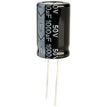 1000uF 50V capacitor - a black cylindrical electrolytic capacitor with two metal leads extending from the bottom and printed white text on its side.