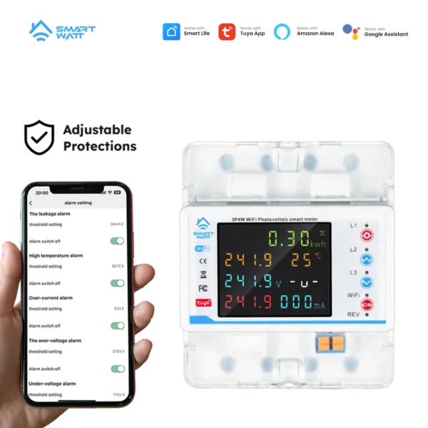 100A 3 Phase Smart WiFi Meter 22 In 1 3P4W WiFi Photovoltic Smart Meter - a digital display with voltage and temperature readings next to a smartphone app screen with alarm settings.