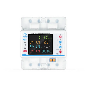 100A 3 Phase Smart WiFi Meter 22 In 1 3P4W WiFi Photovoltic Smart Meter - a white rectangular device with a digital display showing voltage, current, temperature, and energy readings.