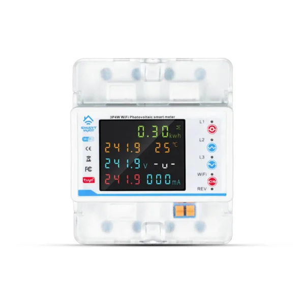 100A 3 Phase Smart WiFi Meter 22 In 1 3P4W WiFi Photovoltic Smart Meter - a white rectangular device with a digital display showing voltage, current, temperature, and energy readings.