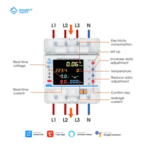 100A 3 Phase Smart WiFi Meter 22 In 1 3P4W WiFi Photovoltic Smart Meter - the device, wiring terminals, digital display, and button labels.