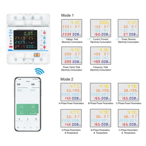100A 3 Phase Smart WiFi Meter 22 In 1 3P4W WiFi Photovoltic Smart Meter - shown with its digital display, smartphone app interface, and two operation modes.