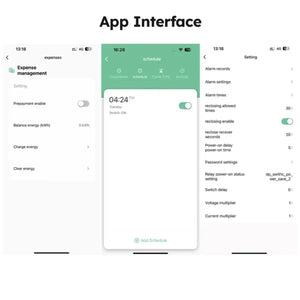 100A 3 Phase Smart WiFi Meter 22 In 1 3P4W WiFi Photovoltic Smart Meter - expense management, schedule, and device settings screens.