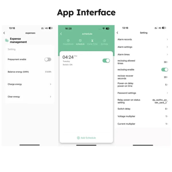 100A 3 Phase Smart WiFi Meter 22 In 1 3P4W WiFi Photovoltic Smart Meter - expense management, schedule, and device settings screens.