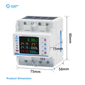 100A 3 Phase Smart WiFi Meter 22 In 1 3P4W WiFi Photovoltic Smart Meter - dimensions of 90mm by 75mm by 58mm, a digital display, navigation buttons, and indicator lights on a white body.