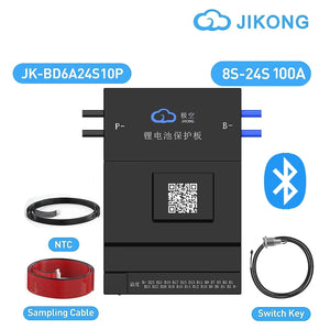 100A 8S to 24S 0.6A JIKONG JK-BD6A24S10P Smart Active Balance BMS - shown with its black rectangular controller, NTC temperature sensor, red multi-pin sampling cable, and a circular switch key.