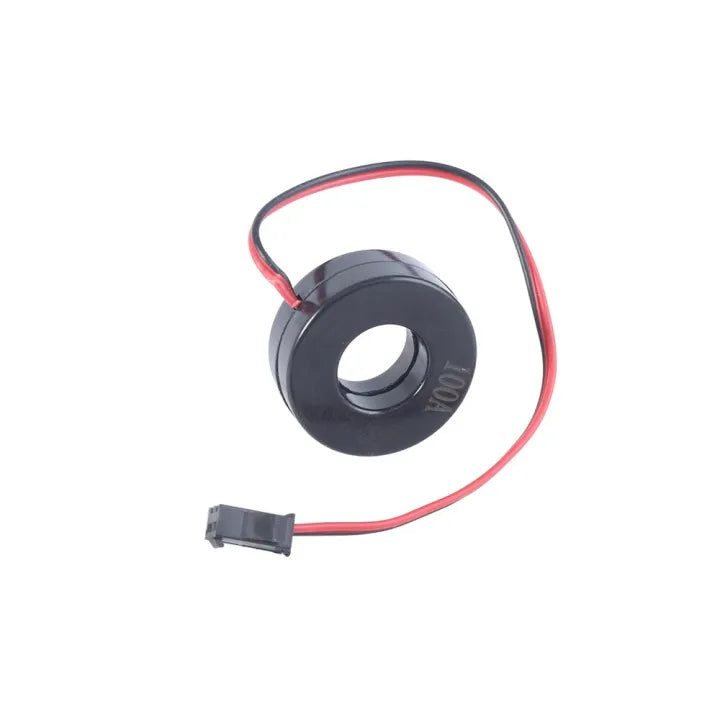 100A AC Current Transformer Ct For Mini Ammeter Current Meter - a black circular sensor with a central hole, attached to a red and black wire ending in a small black connector.