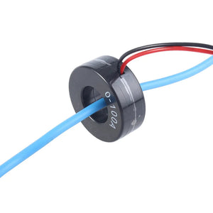 100A AC Current Transformer Ct For Mini Ammeter Current Meter - a black ring-shaped sensor with red and black output wires and a blue cable passing through its center hole.
